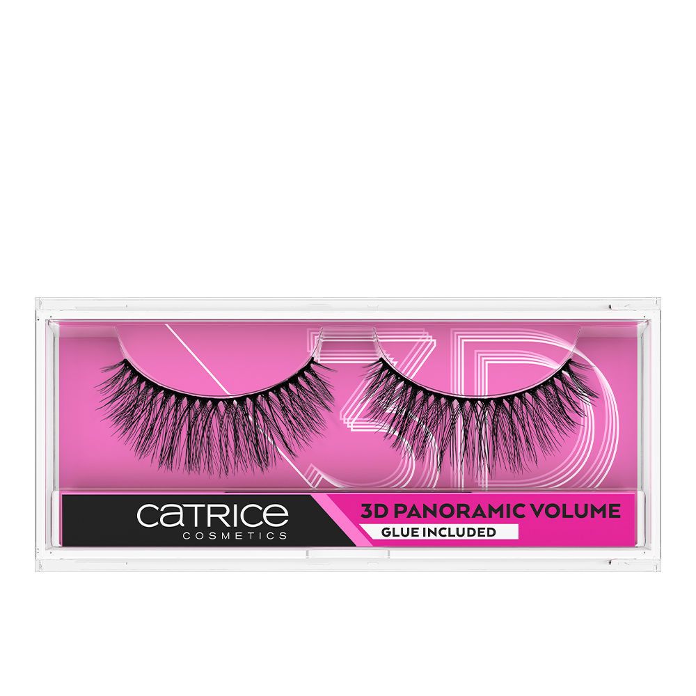 Wimpern in transparenter Verpackung. Aufschrift: 3D Panoramic Volume, Glue Included. Marke: Catrice Cosmetics.