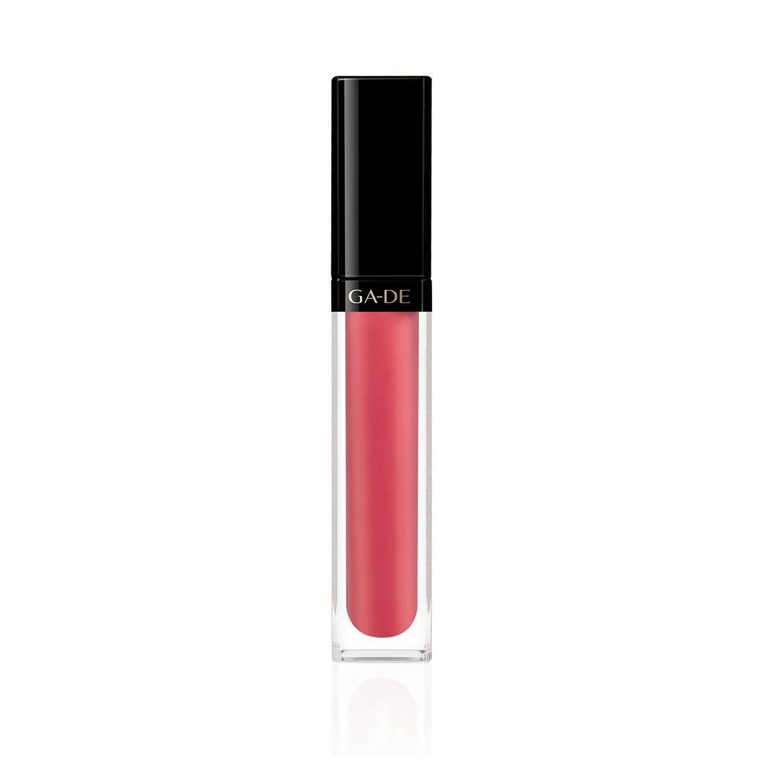 Ga-De Crystal Lights Lipgloss. Transparente, rechteckige Hülle mit rosa Inhalt. Schwarzer Deckel mit Markenschriftzug.