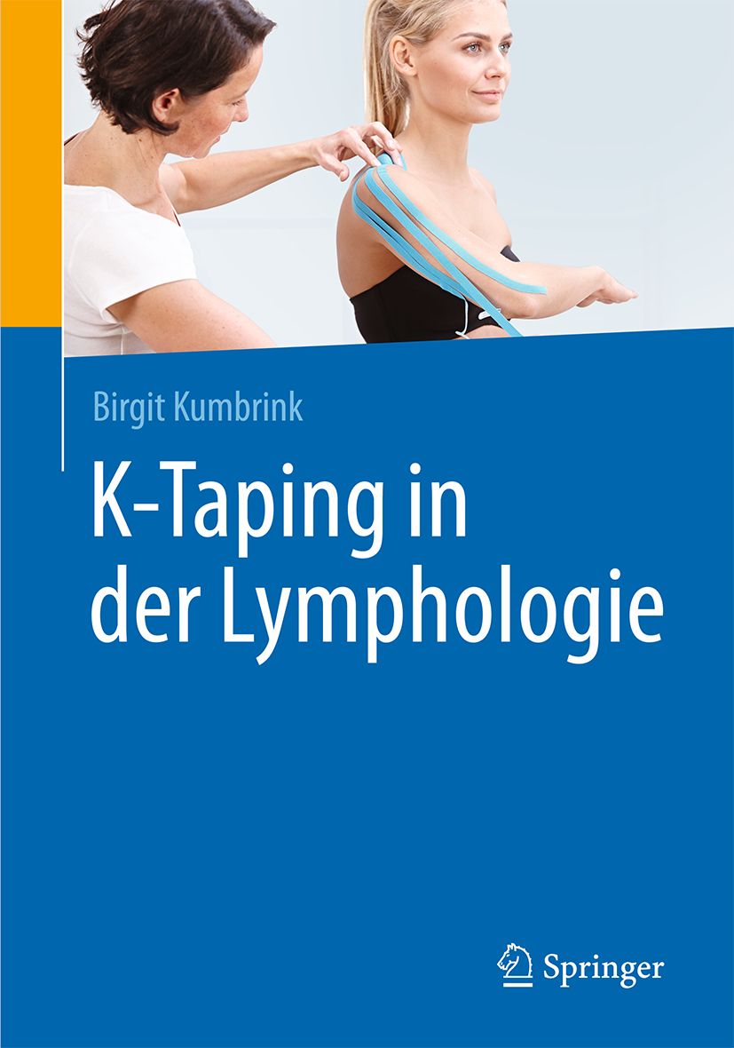Buchcover: K-Taping in der Lymphologie. Birgit Kumbrink. Frau mit K-Tape am Arm. Springer-Logo.