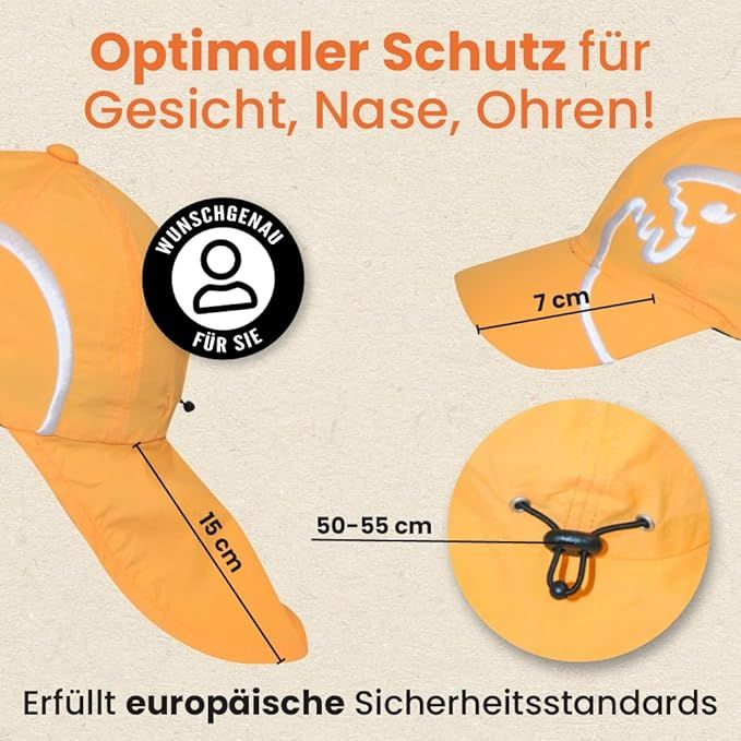 Gelbe Cap mit Nackenschutz. Text: Optimaler Schutz für Gesicht, Nase, Ohren! Maße: 7 cm, 15 cm, 50-55 cm. Text: Erfüllt europäische Sicherheitsstandards.