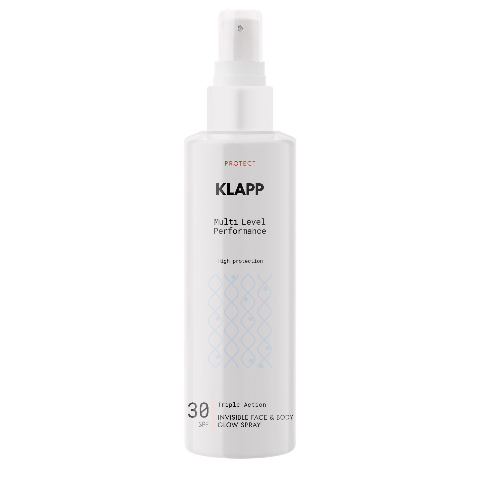 Klapp Sonnenschutzspray. Weiße Flasche mit Sprühkopf. SPF 30. Multi Level Performance. Invisible Face & Body Glow Spray.