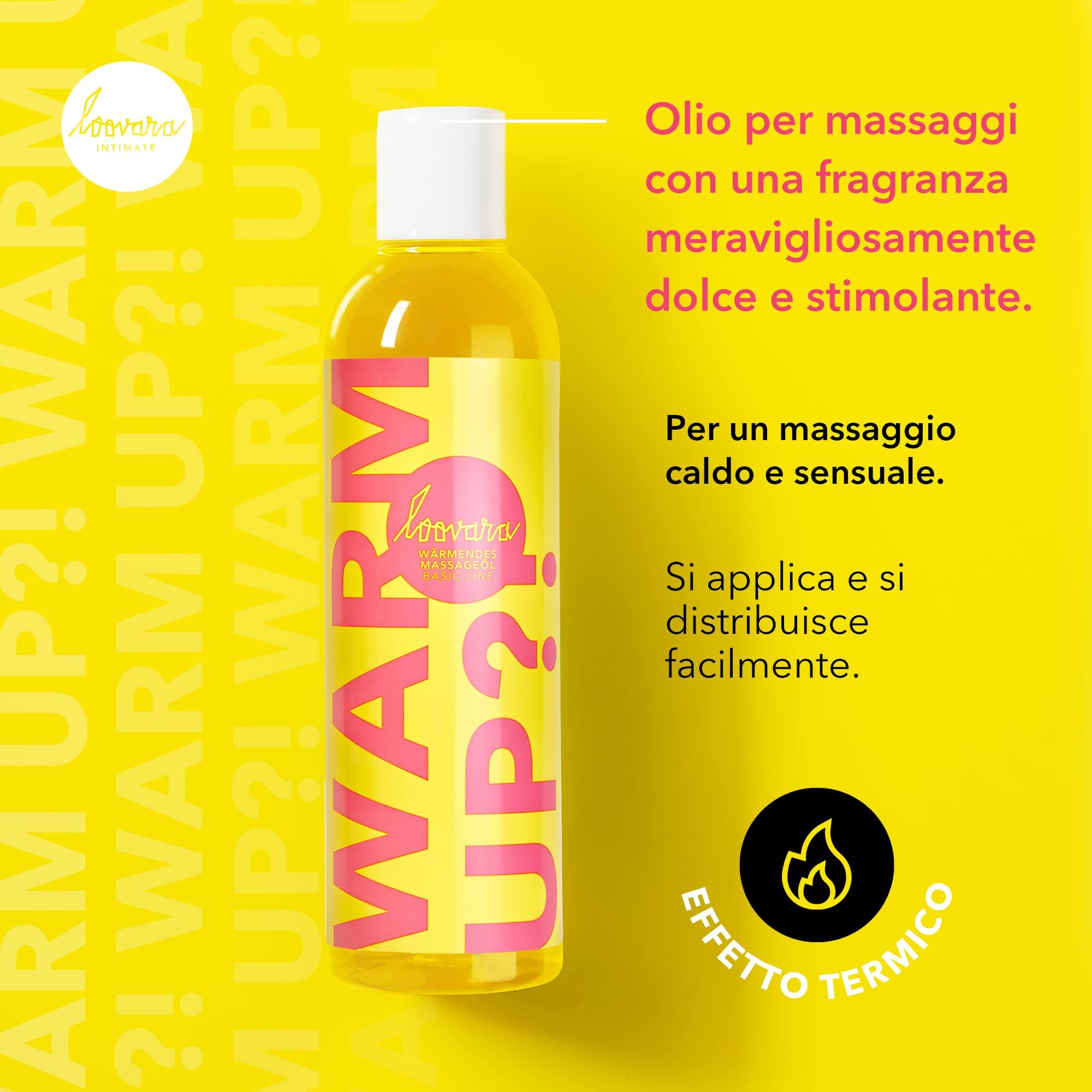 Flasche Loovara Warm Up Massageöl auf gelbem Hintergrund mit Text.