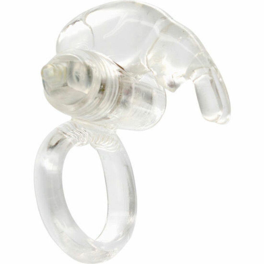 Transparenter Cockring mit Vibrationsfunktion. Ringförmiger Teil und Hasenohren-Design. Aus transparentem Material.