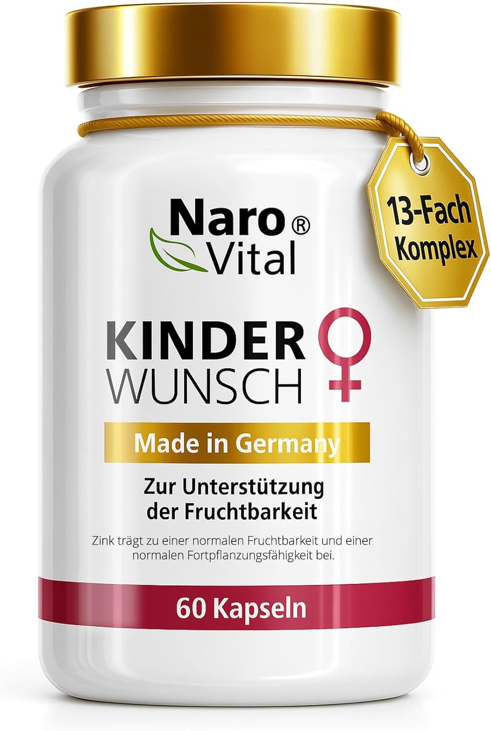 Weiße Flasche mit goldfarbenem Deckel. Aufschrift: Kinderwunsch, Made in Germany. 60 Kapseln. Mit 13-Fach Komplex.