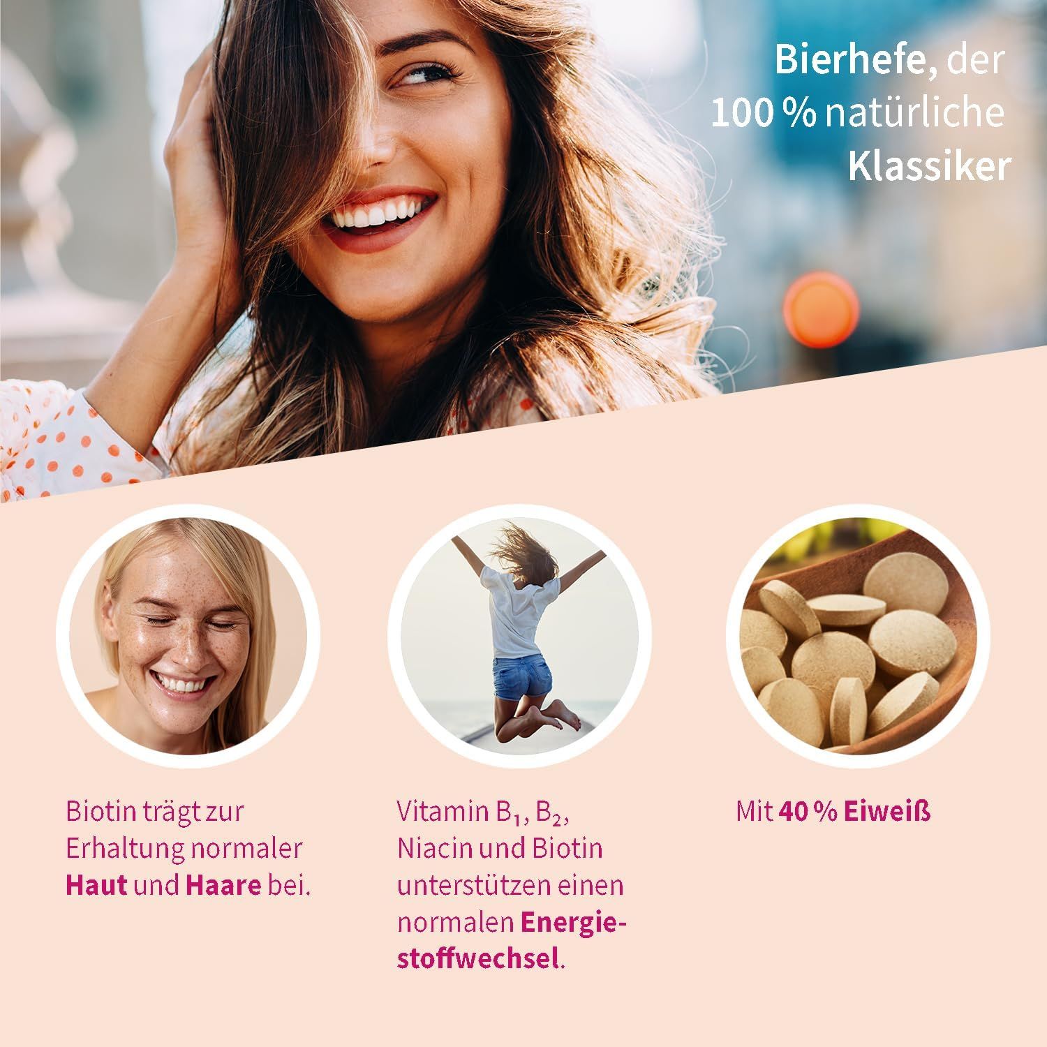 Werbebild mit sanotact Bierhefe Tabletten. 40% Eiweiß. Mit Biotin für Haut und Haare. Vegan. 100% natürliche Bierhefe.