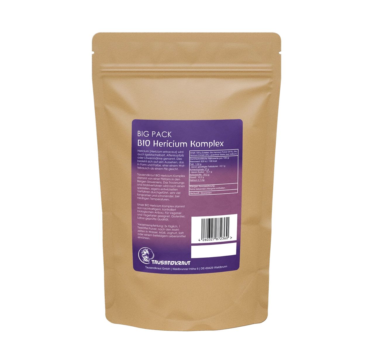 Beutel mit lila Etikett. Aufschrift: BIO Hericium Komplex. Marke: Tausendkraut. Braune Verpackung.