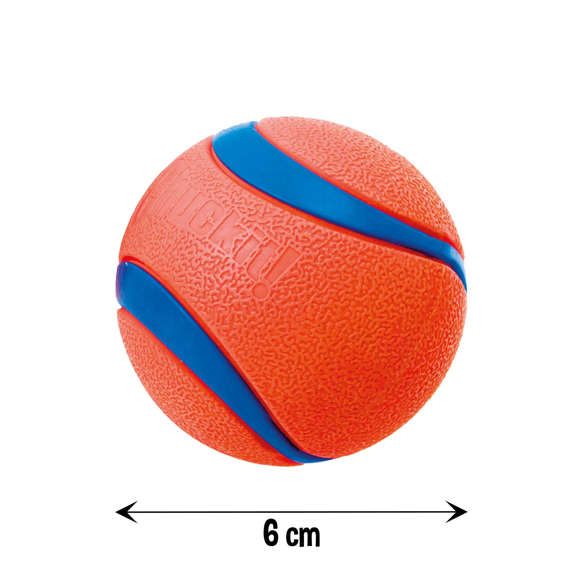 Oranger Hundeball mit blauen Streifen. Durchmesser 6 cm. Texturierte Oberfläche. Marke Chuckit!