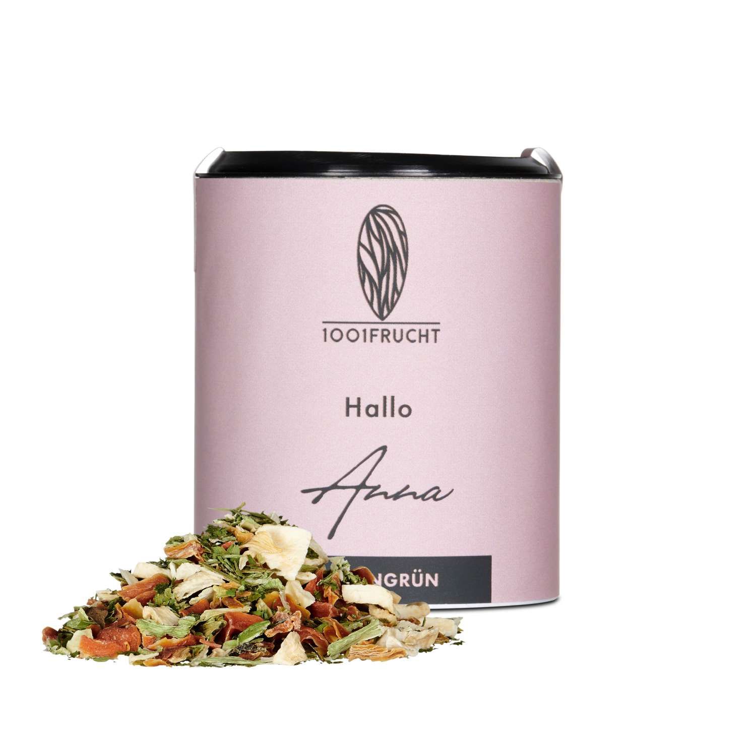 Zylindrische Dose mit Aufschrift "1001Frucht". Daneben Suppengrün. Rosa Dose mit schwarzem Deckel. Text: Hallo Anna Suppengrün.