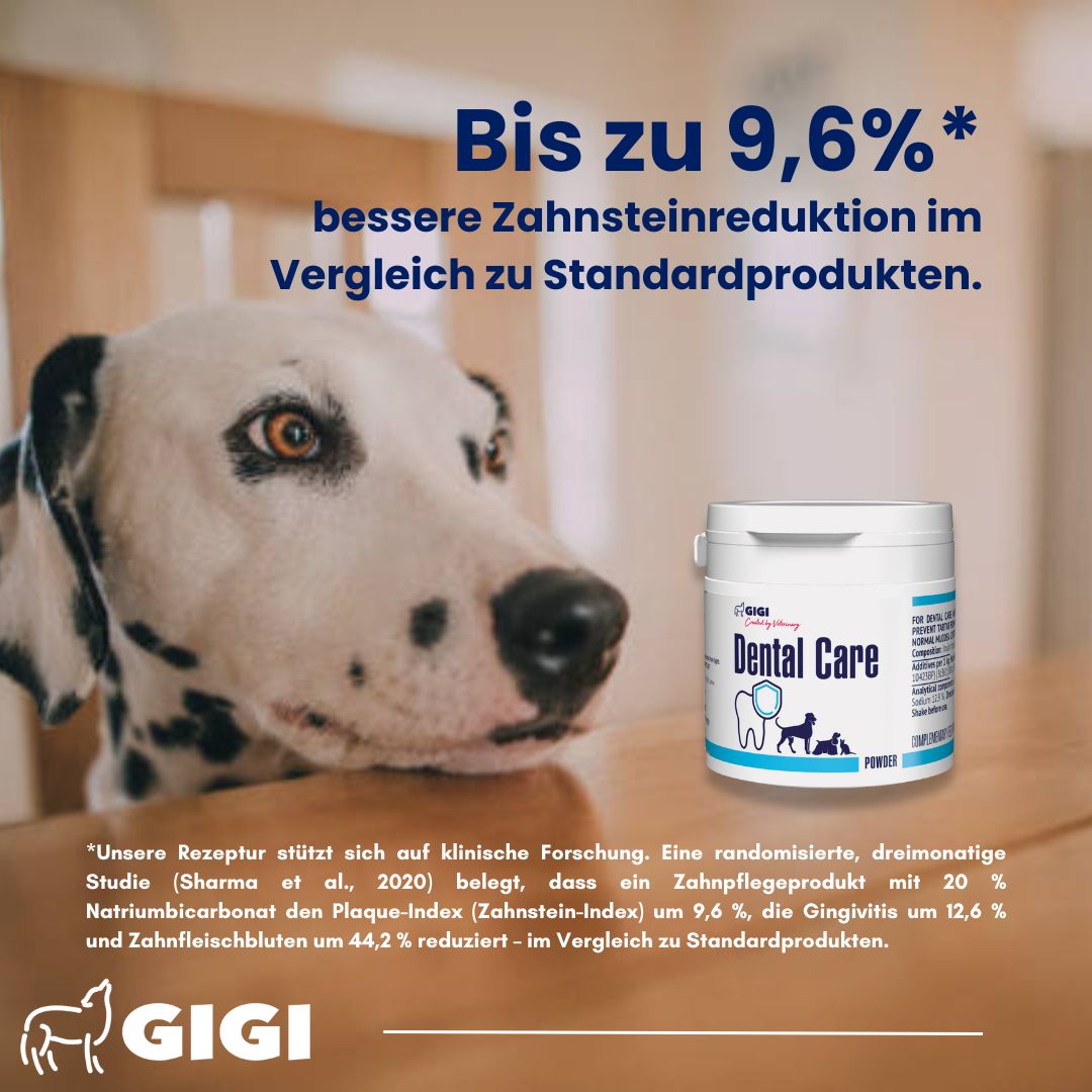 Weiße Dose mit GIGI Dental Care. Dalmatiner neben Dose. Text: Bis zu 9,6% bessere Zahnsteinreduktion. GIGI Logo.