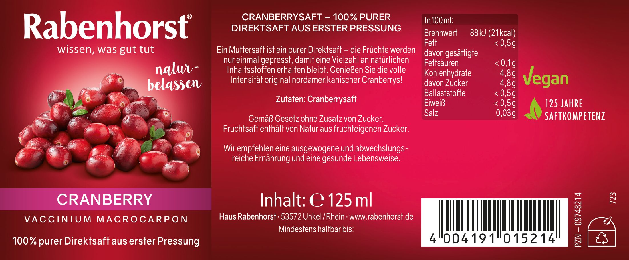 Etikett einer Rabenhorst Cranberry Muttersaft Mini-Flasche. Roter Hintergrund, Text und Abbildung von Cranberries.