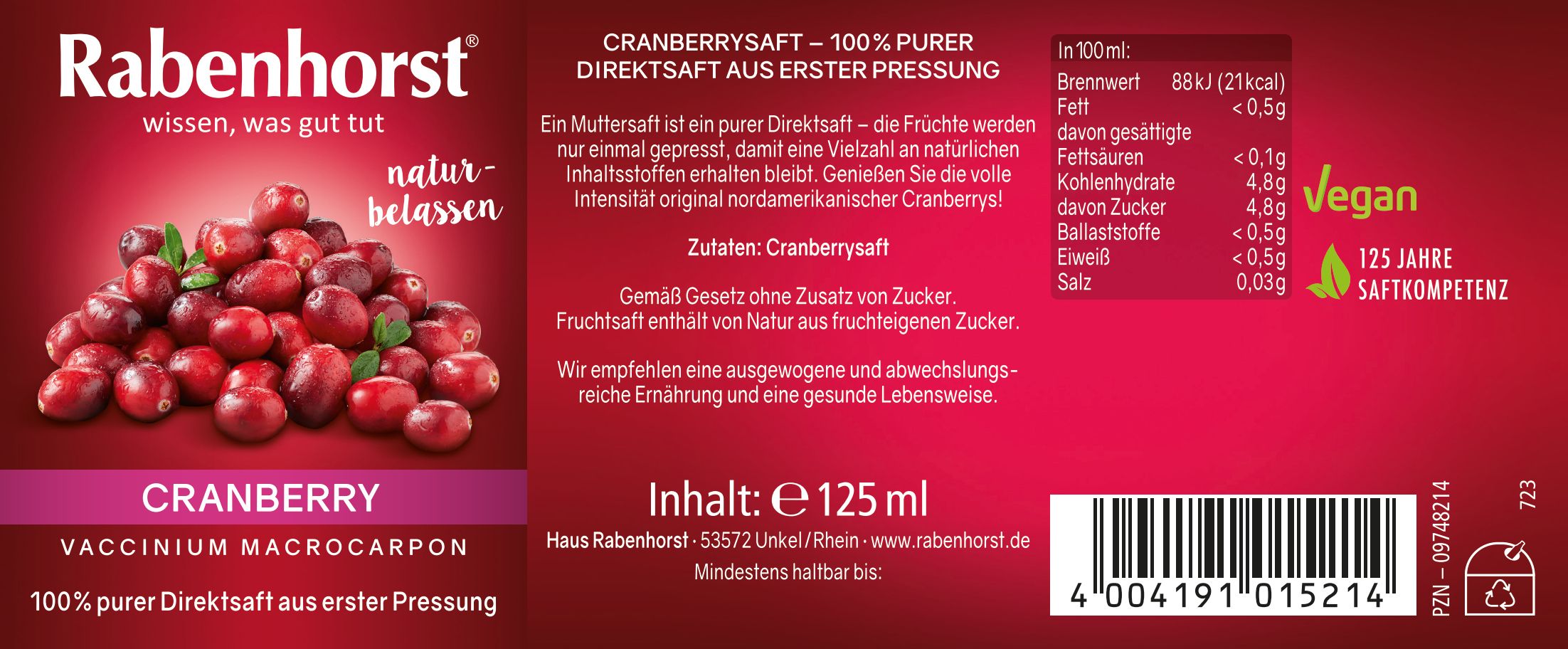 Rabenhorst Cranberry Muttersaft Mini 24x125 ml Saft