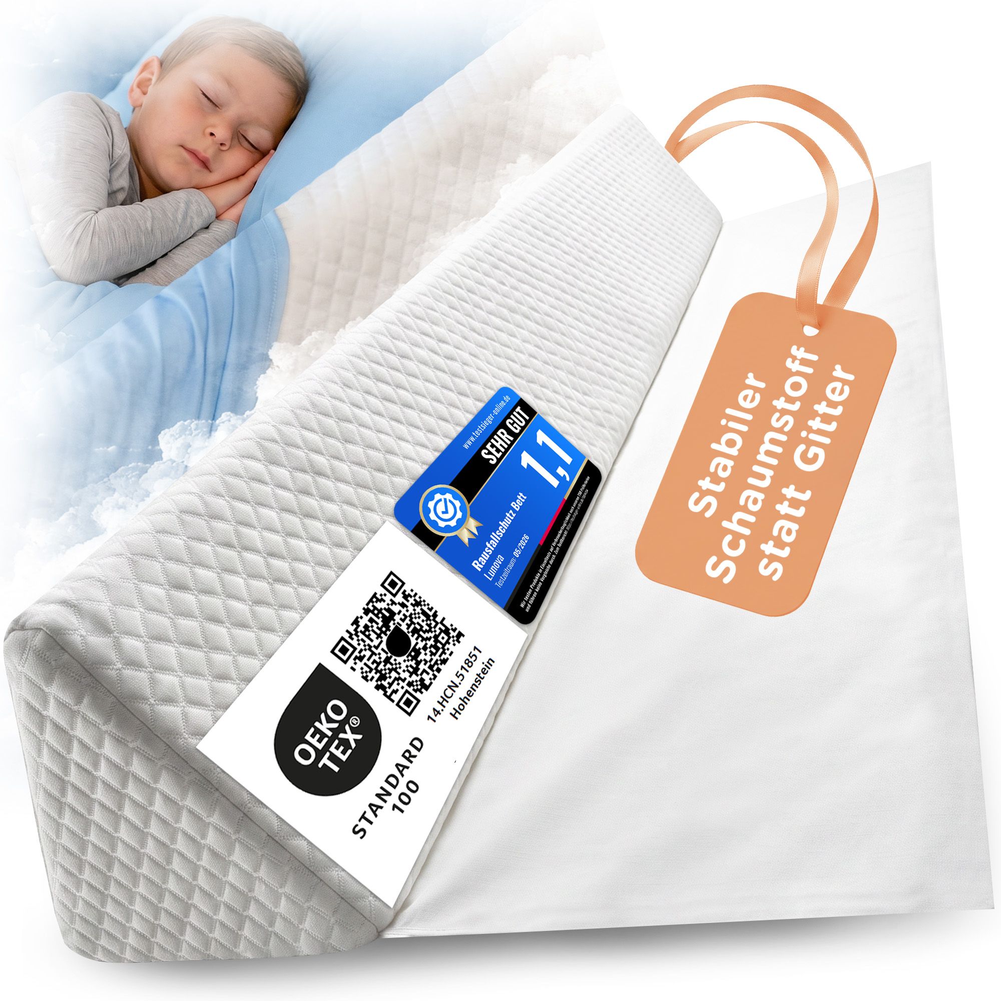Bettgitter aus stabilem Schaumstoff mit Oeko-Tex Siegel und Prüfbericht. Weiße Verpackung.