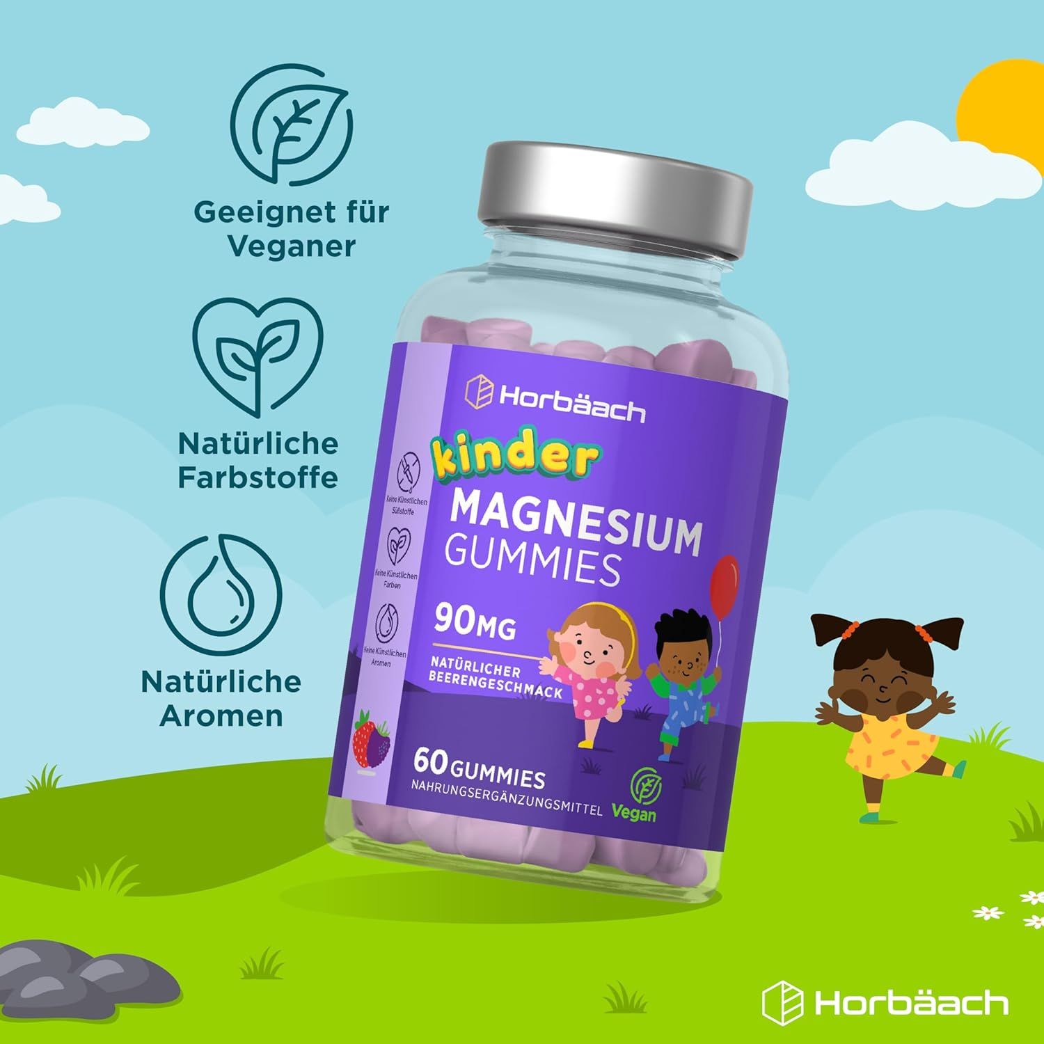 Horbaach Kinder Magnesium Gummies Flasche. Text: Natürliche Aromen, Farbstoffe, vegan. Mit Illustrationen von Kindern.