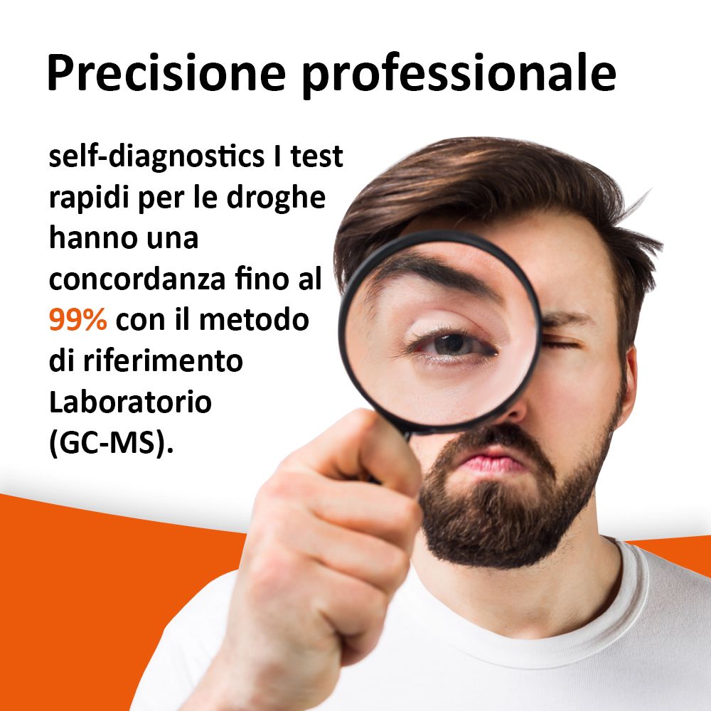Uomo con lente d'ingrandimento, occhio a fuoco. Testo: Precisione professionale. Testo: fino al 99% di concordanza con il metodo di riferimento.