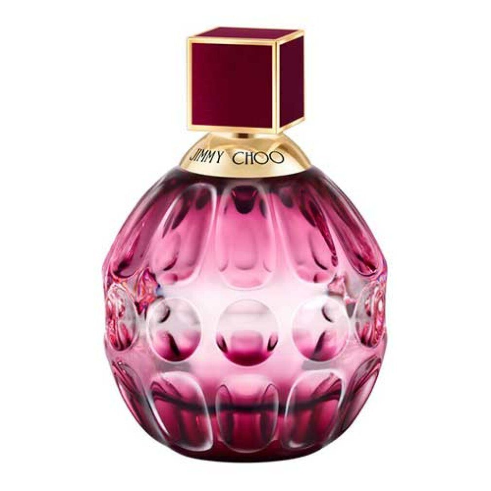 Runder Flakon Jimmy Choo Fever. Rosa Glas, goldener Verschluss, rechteckiger Deckel. Aufschrift.
