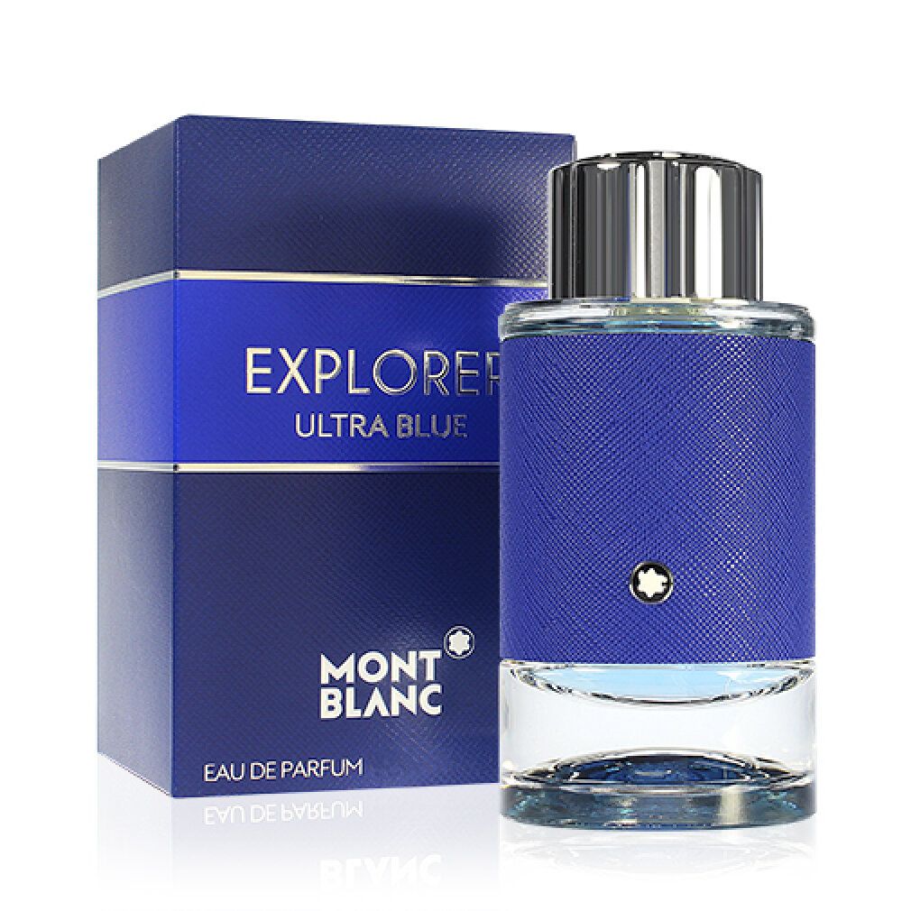 Blauer Karton und Flakon. EXPLORER ULTRA BLUE auf dem Karton. Montblanc-Logo. Flakon mit blauer Textur.