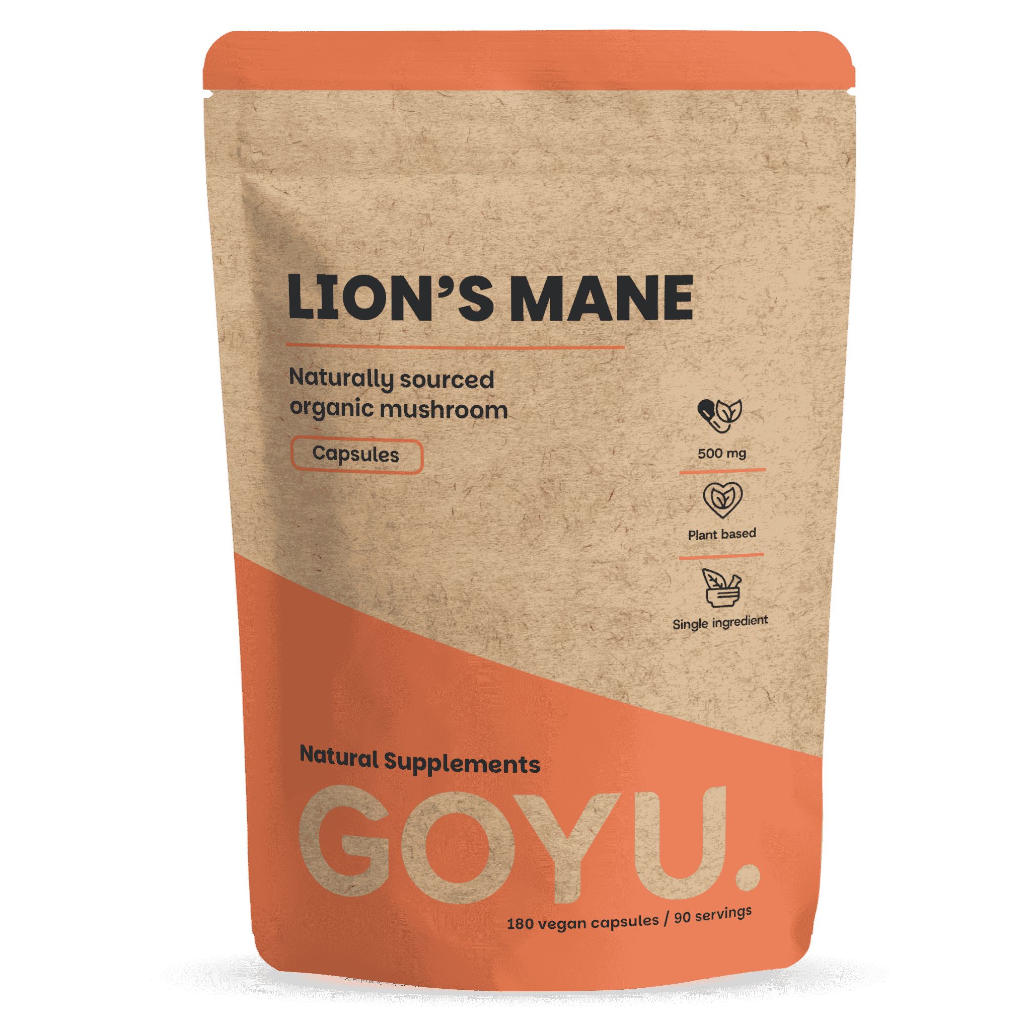 Braune Papiertüte mit Löwenmähnen-Kapseln, 500 mg, pflanzlich, Einzelzutat.