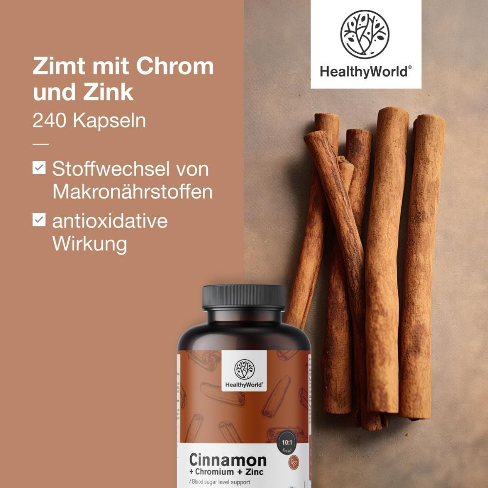 Braune Flasche mit Kapseln. Aufschrift: Zimt mit Chrom und Zink. 240 Kapseln. Marke: HealthyWorld. Mit Ceylon-Zimt.