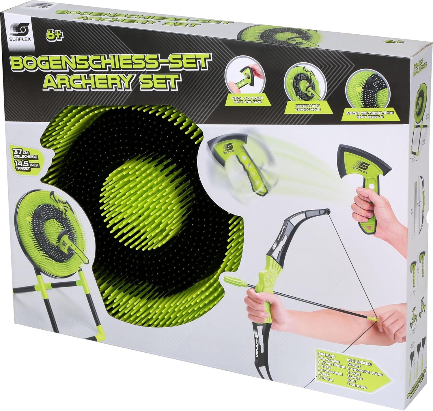 Verpackung des Sunflex Bogenschießens Sets. Enthält Zielscheibe, Bogen, Pfeile und Zubehör. Text: Bogenschieß-Set, 3+.