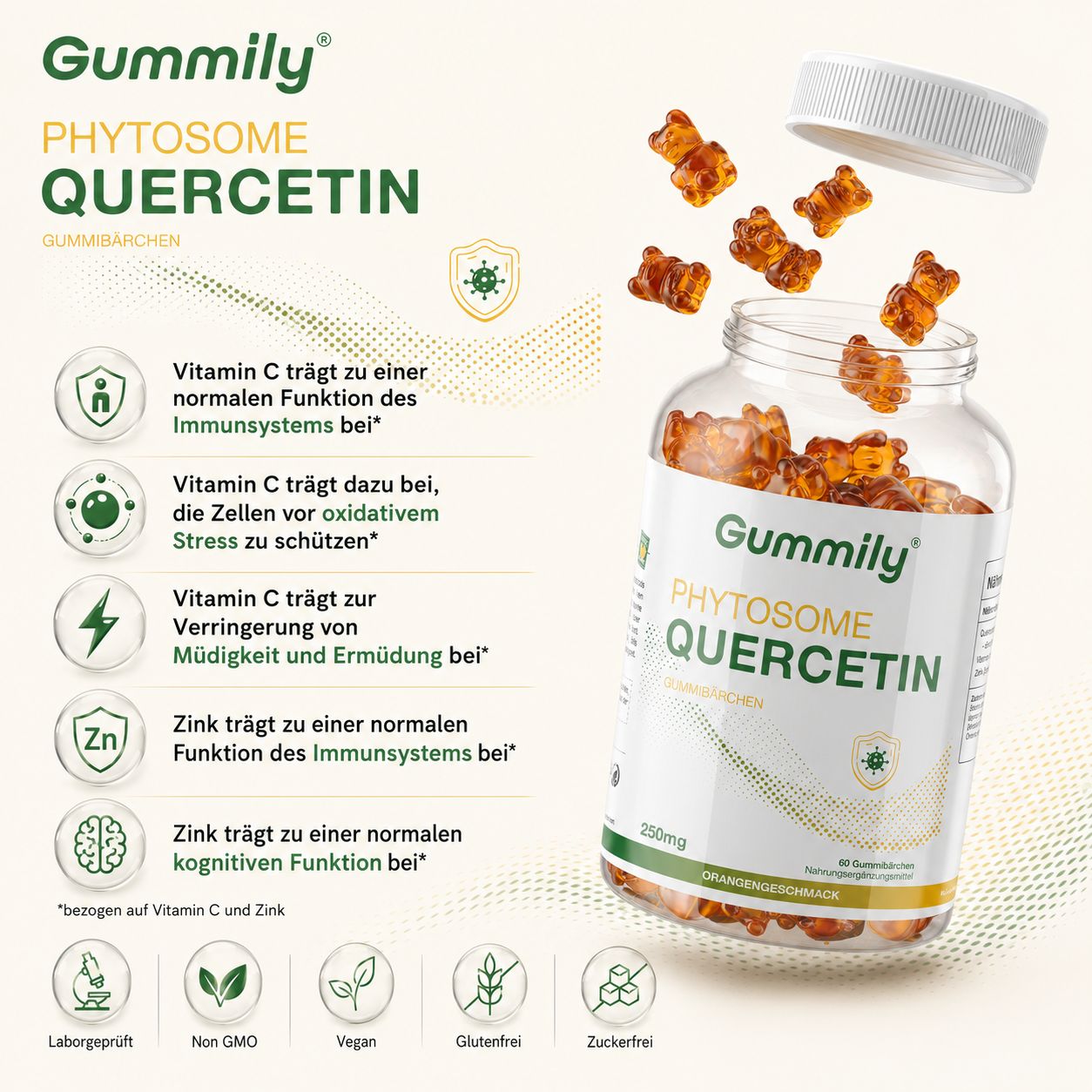 Gummily Phytosome Quercetin Gummibärchen in einem Glasbehälter mit weißem Deckel. Einige Gummibärchen fliegen aus dem Behälter.