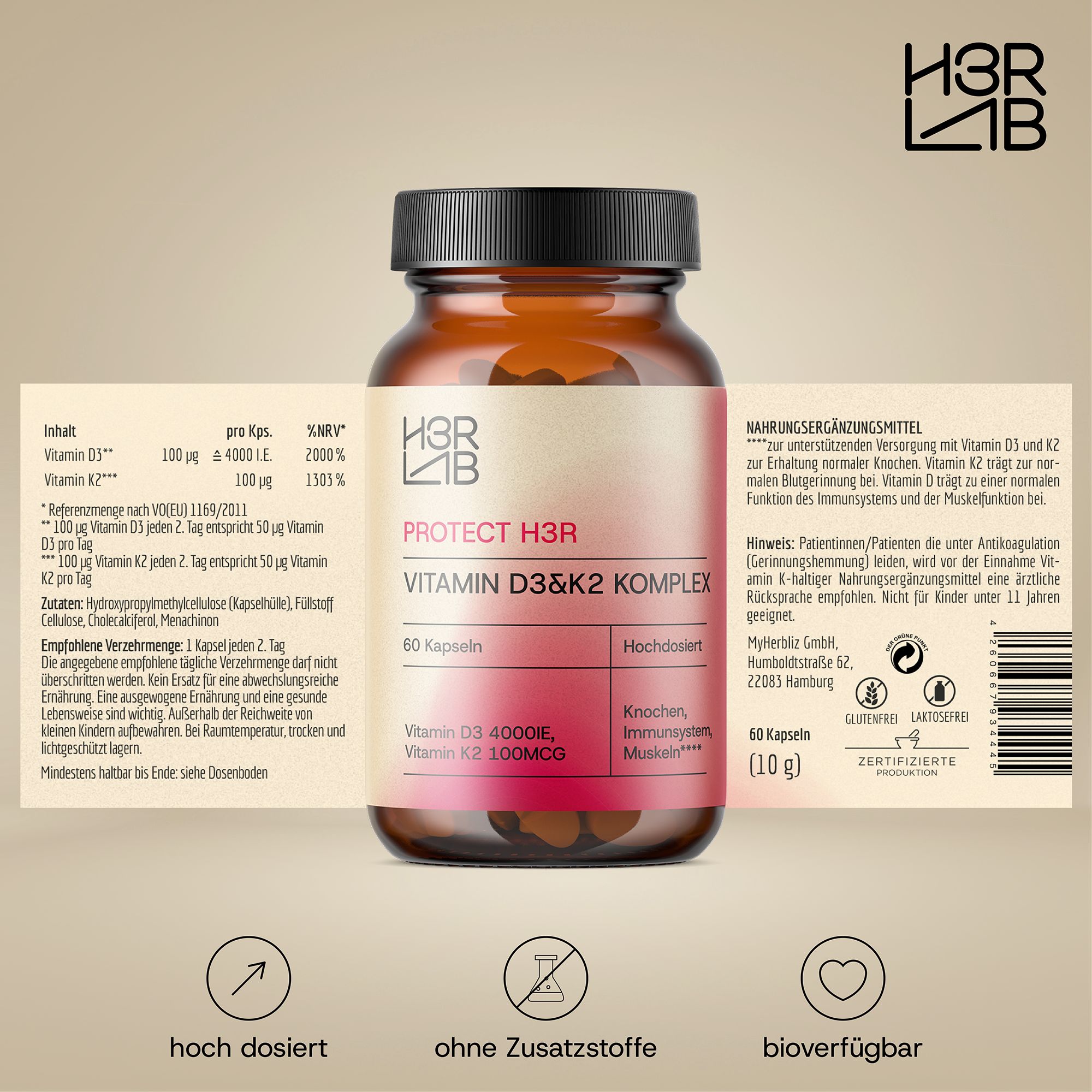 Braune Glasflasche mit Kapseln. Etikett mit Produktinformationen: Vitamin D3 & K2 Komplex. Hochdosiert. 60 Kapseln. Zertifiziert.