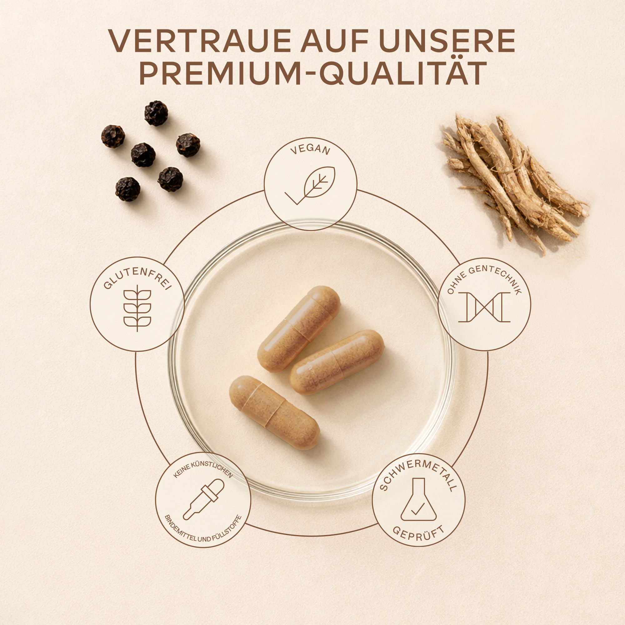 Drei Kapseln auf einer Oberfläche. Symbole: Glutenfrei, Vegan, ohne Gentechnik, Schwermetall geprüft.