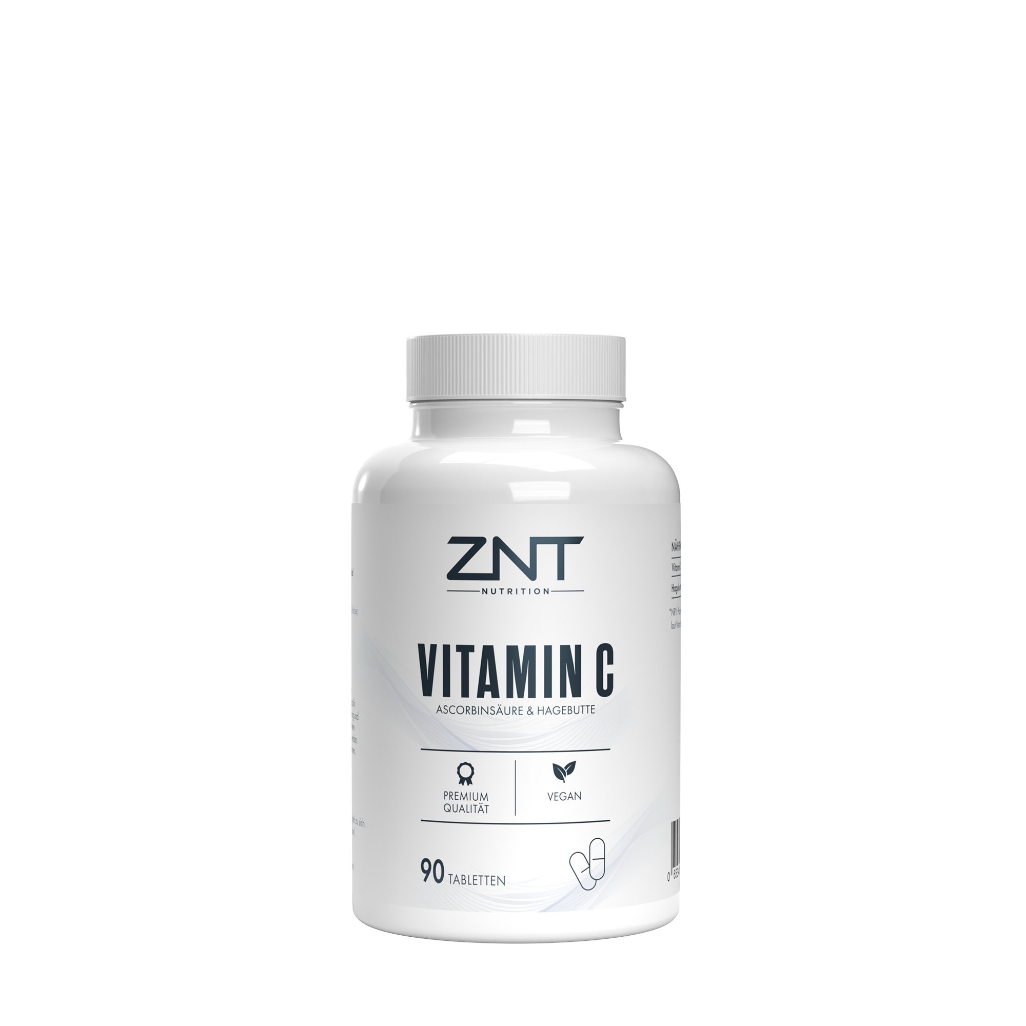 Weiße Flasche mit ZNT Nutrition Vitamin C, 90 Tabletten.