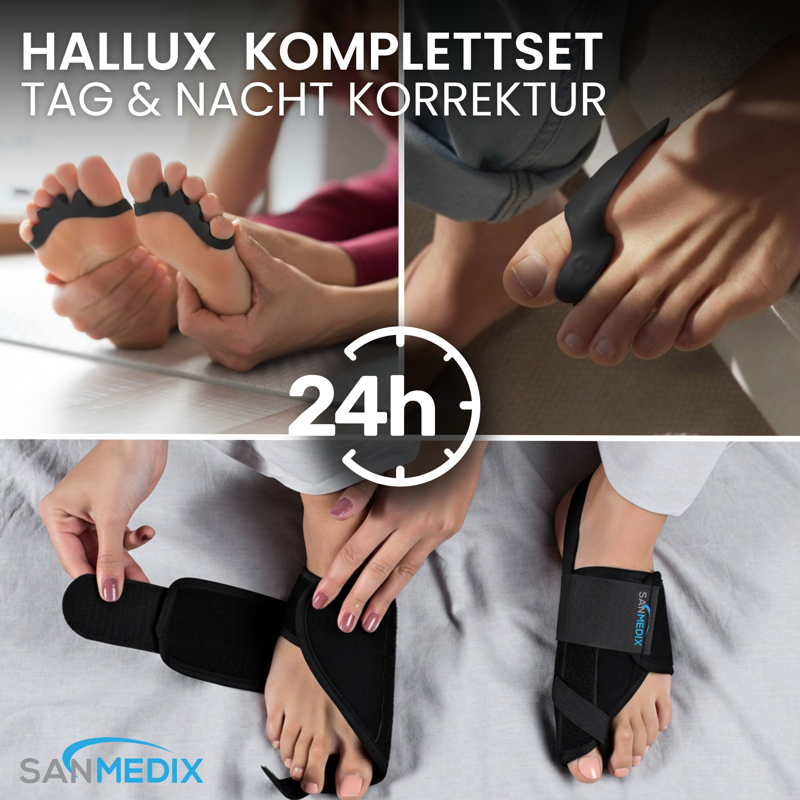 Hallux Komplettset. Tag- und Nachtkorrektur. Füße mit und ohne Korrektur. Sanmedix Logo.