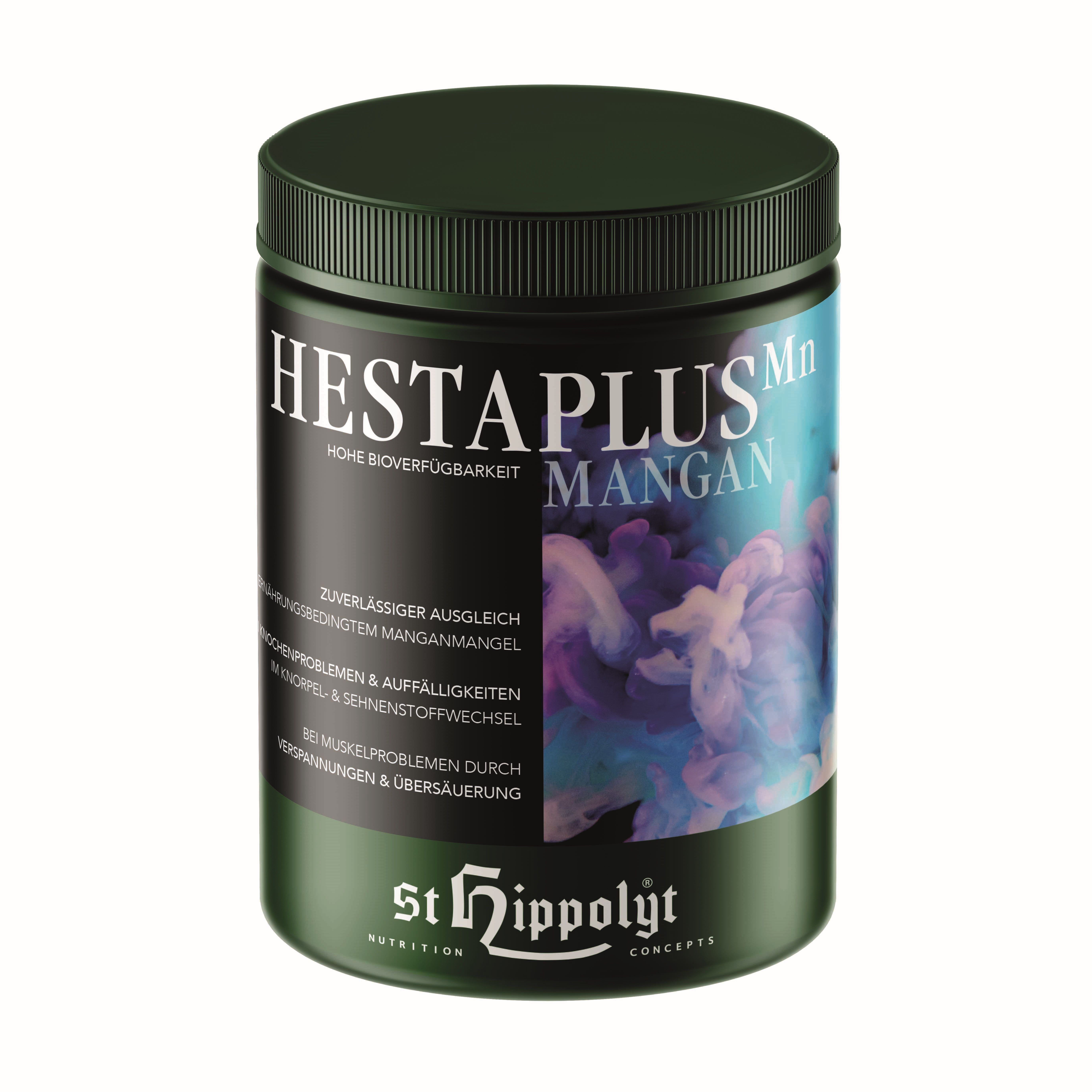 Dunkelgrüne Dose mit schwarzem Deckel. Aufschrift: HESTAPLUS Mn MANGAN. Marke: St. Hippolyt. Text in Deutsch.