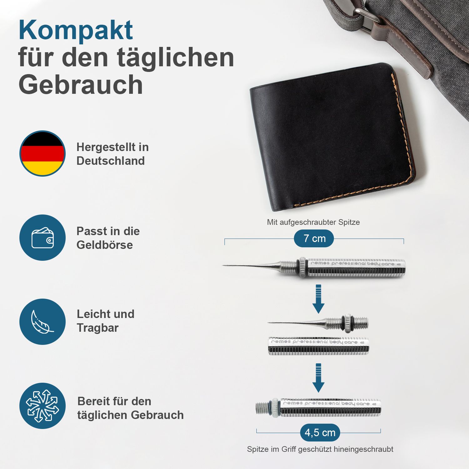 Kompakter, wiederverwendbarer Zahnstocher aus Edelstahl, 7 cm lang, passt in die Geldbörse.