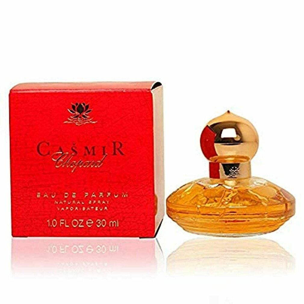 Rote Schachtel und gelber Parfümflakon. Auf der Schachtel steht 'Casmir Chopard'.