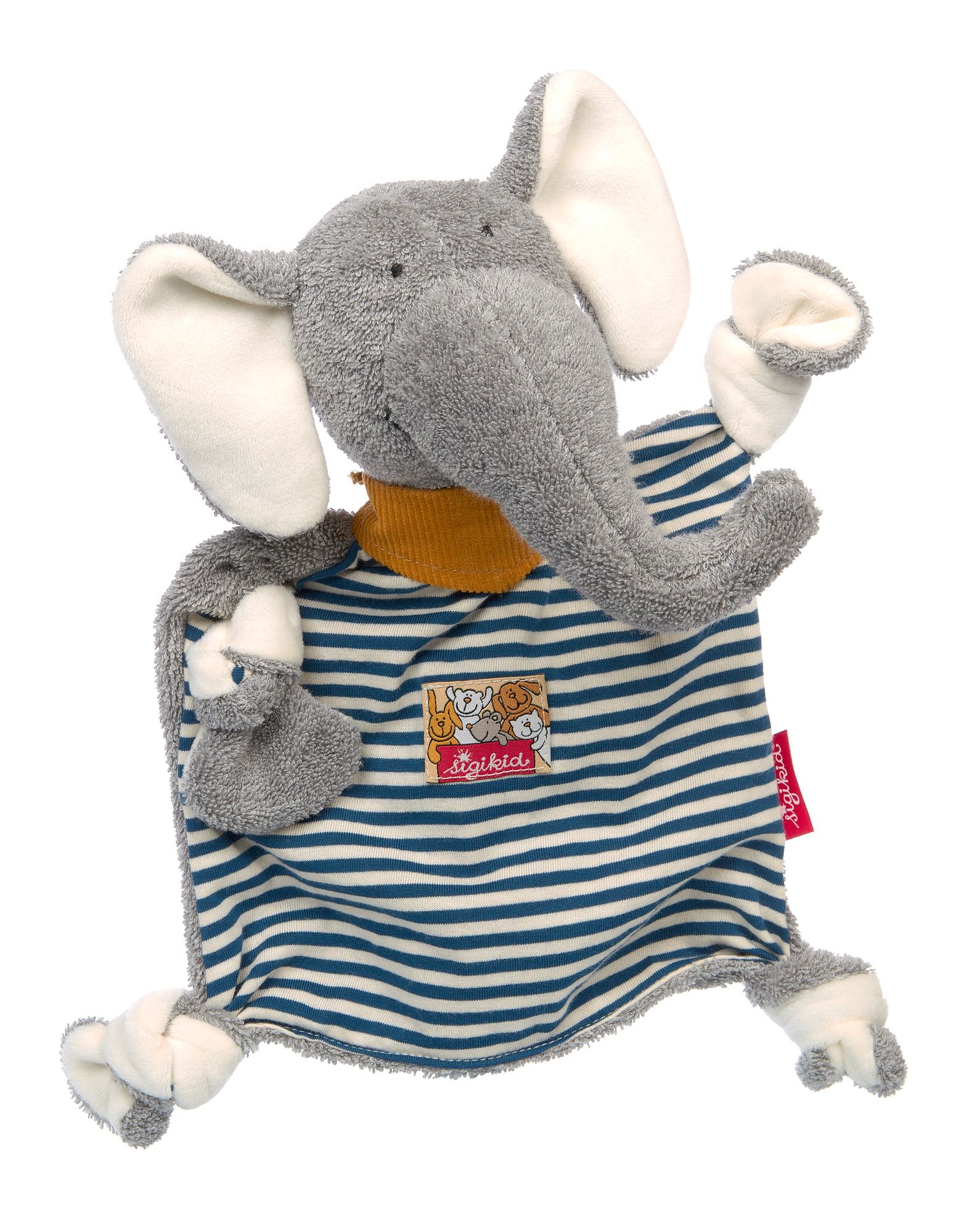 Graues Kuscheltuch mit Elefantenkopf und gestreiftem Stoff. Gelber Kragen, weiße Ohren und Füße. Label mit Logo.