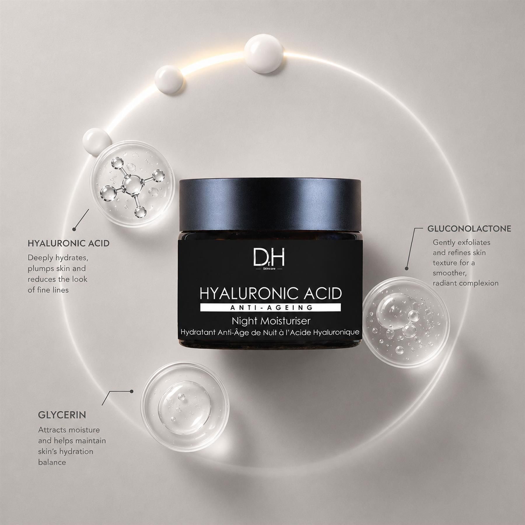 Dr H Hyaluronsäure Anti-Aging Nachtcreme mit schematischer Darstellung von Inhaltsstoffen.