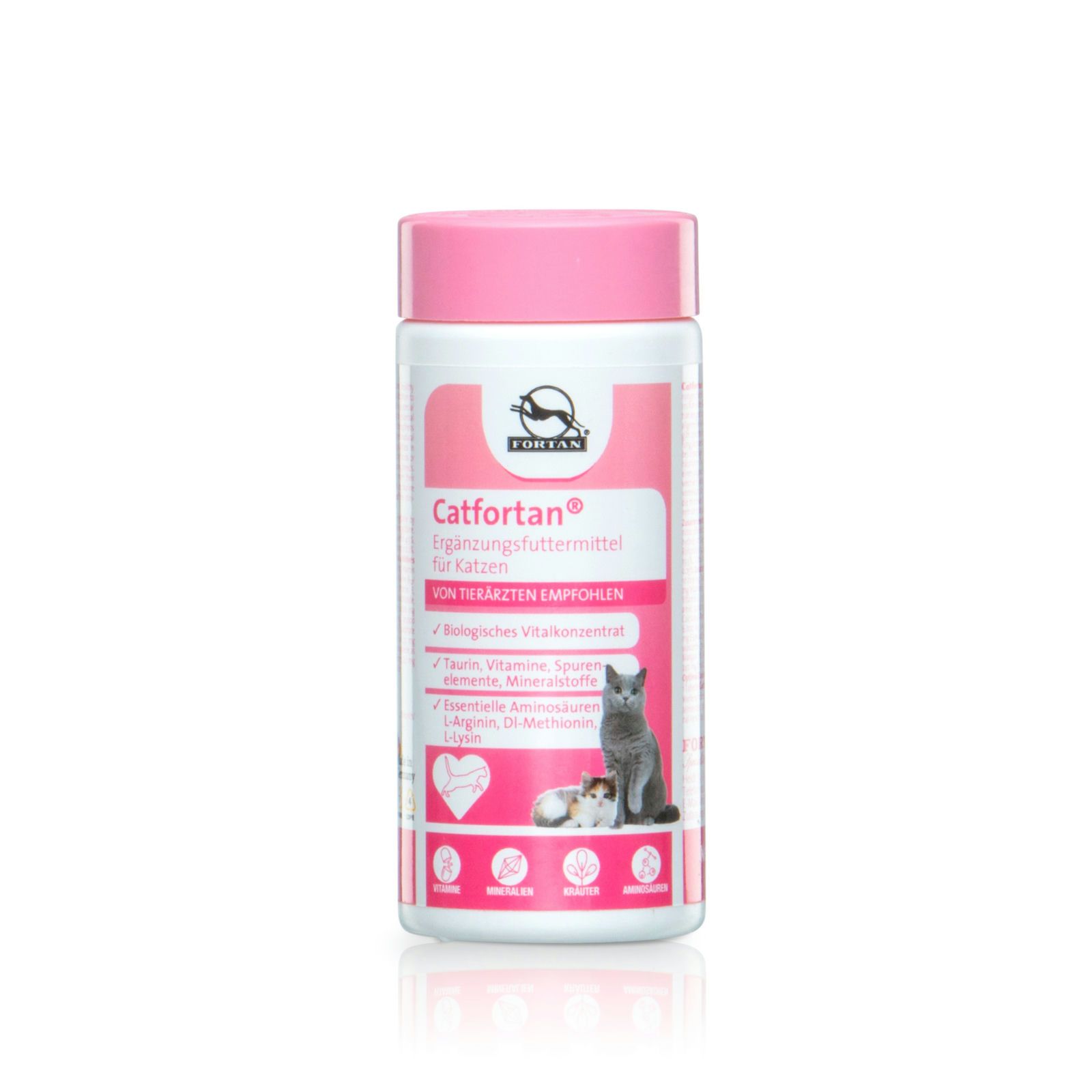 Ergänzungsfuttermittel für Katzen. Rosa-weiß Dose mit Deckel. Etikett mit Produktname, Inhaltsstoffen und Katzenabbildung.