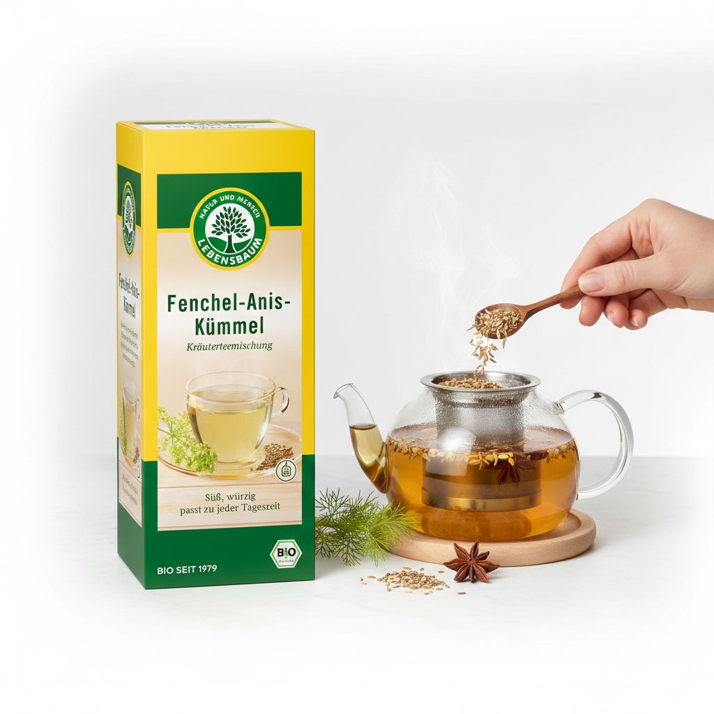 Lebensbaum Fenchel-Anis-Kümmel Tee: Kräuterteezubereitung wird in eine Teekanne gegeben.