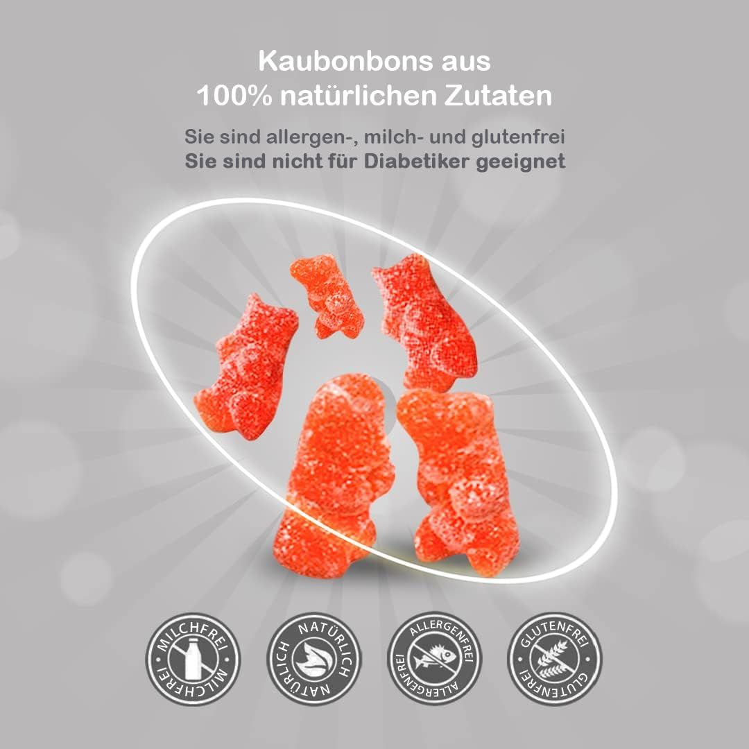 Gummibärchen in einer ovalen Markierung. 100% natürliche Zutaten. Frei von Allergenen, Milch und Gluten. Nicht für Diabetiker geeignet. Runde Symbole.