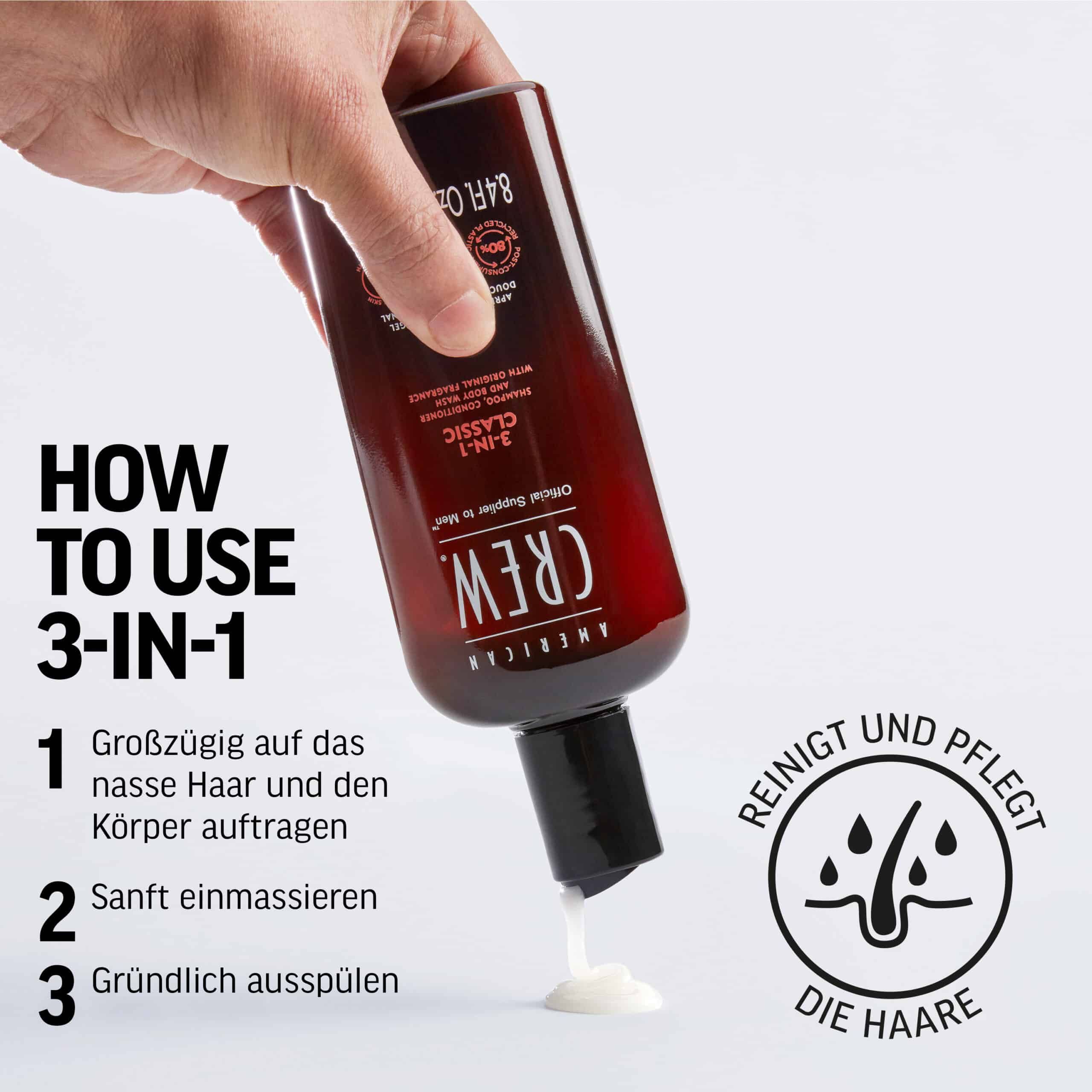 Braune Flasche AMERICAN CREW 3-in-1 Classic. Produkt wird aus der Flasche gegossen. Text: Anwendungsschritte.