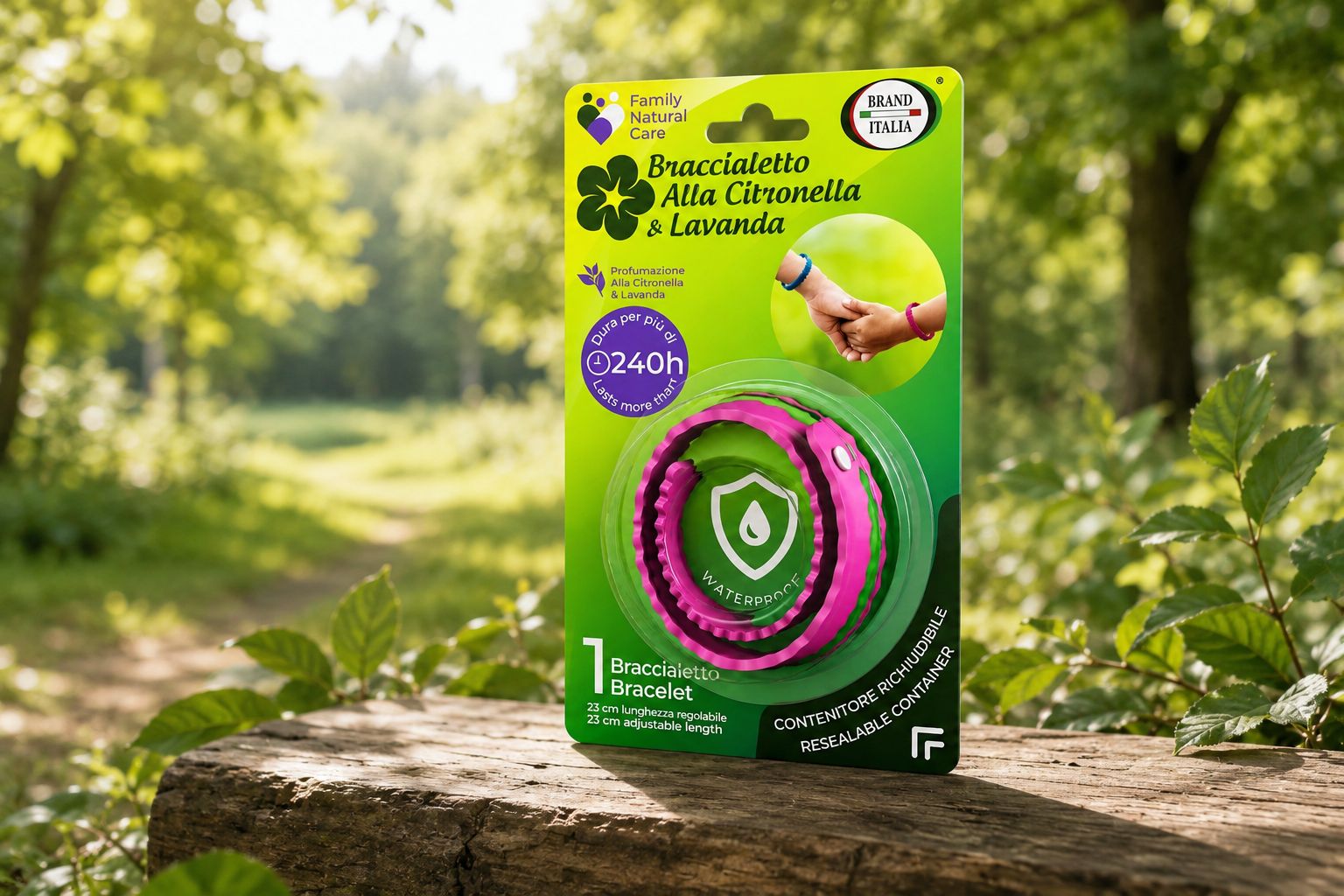 Verpackung für ein Armband mit Citronella und Lavendel, 240h Schutz, wasserdicht.