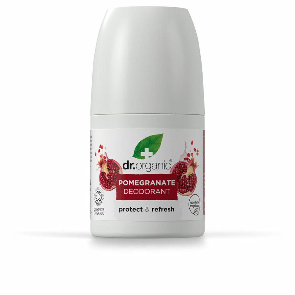 Dr. Organic Bio-Granatapfel Deodorant. Weißer Roll-on-Behälter mit weißem Deckel. Produktetikett mit Granatapfel-Abbildung.