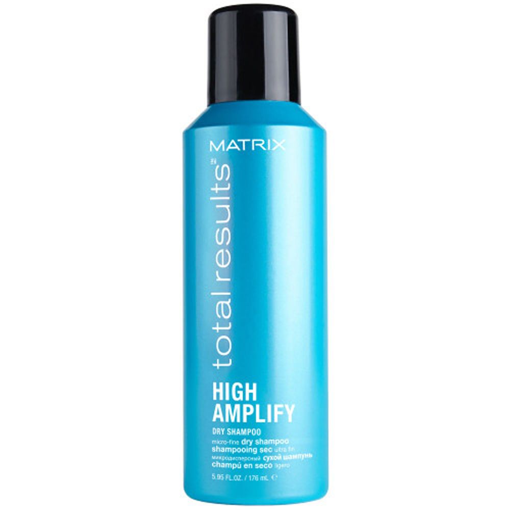 Türkisblaue Sprühflasche mit schwarzem Deckel. Aufschrift: Matrix Total Results High Amplify Dry Shampoo.