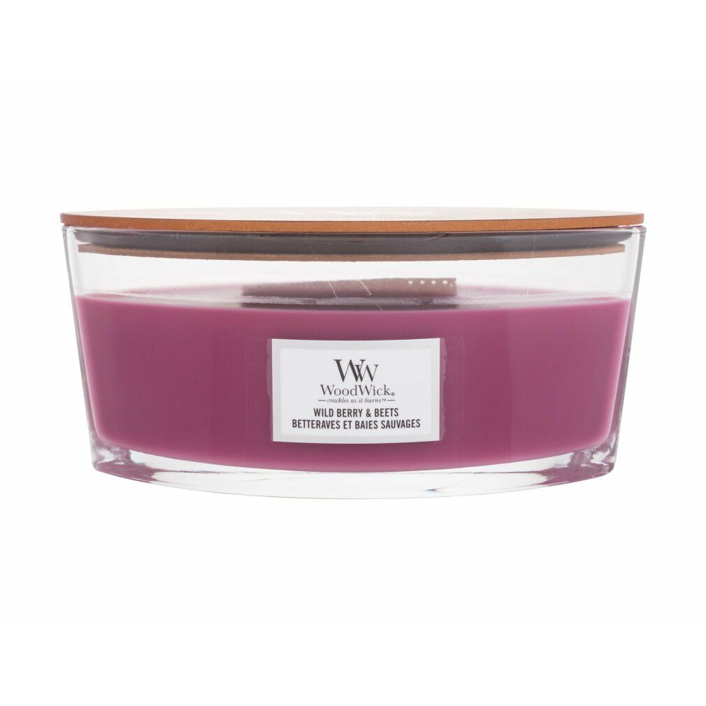 Ellipse-Kerze mit Holzdeckel. Rosa Wachs in Glasbehälter. Etikett mit Produktnamen und Marke WoodWick.