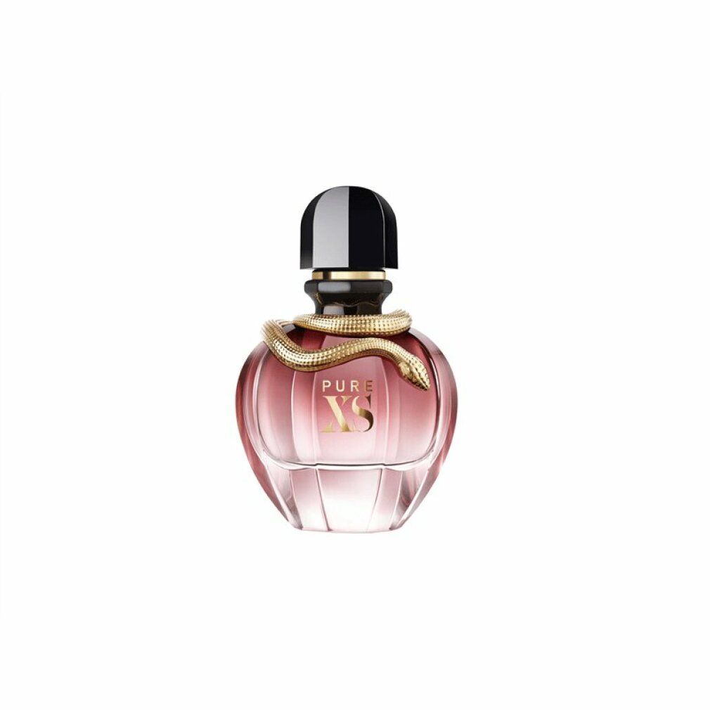 Parfümflakon, rosa-transparent, mit schwarzem Verschluss und goldener Schlange. Aufschrift: PURE XS.