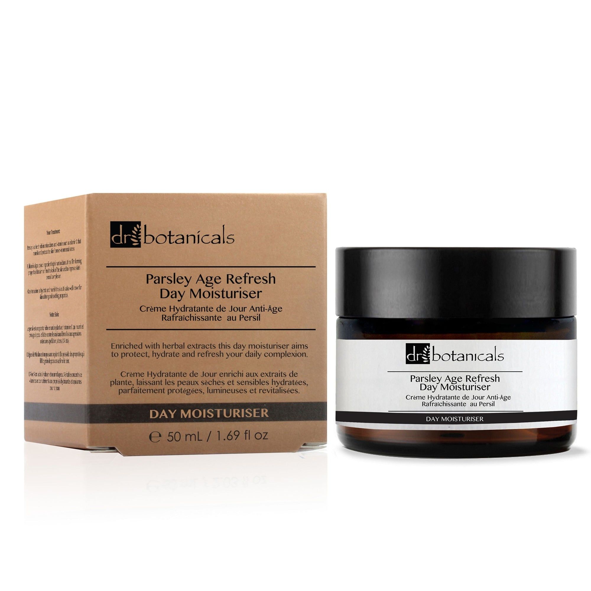 Creme-Dose und Verpackung. Auf der Verpackung steht "dr botanicals" und "Parsley Age Refresh Day Moisturiser".