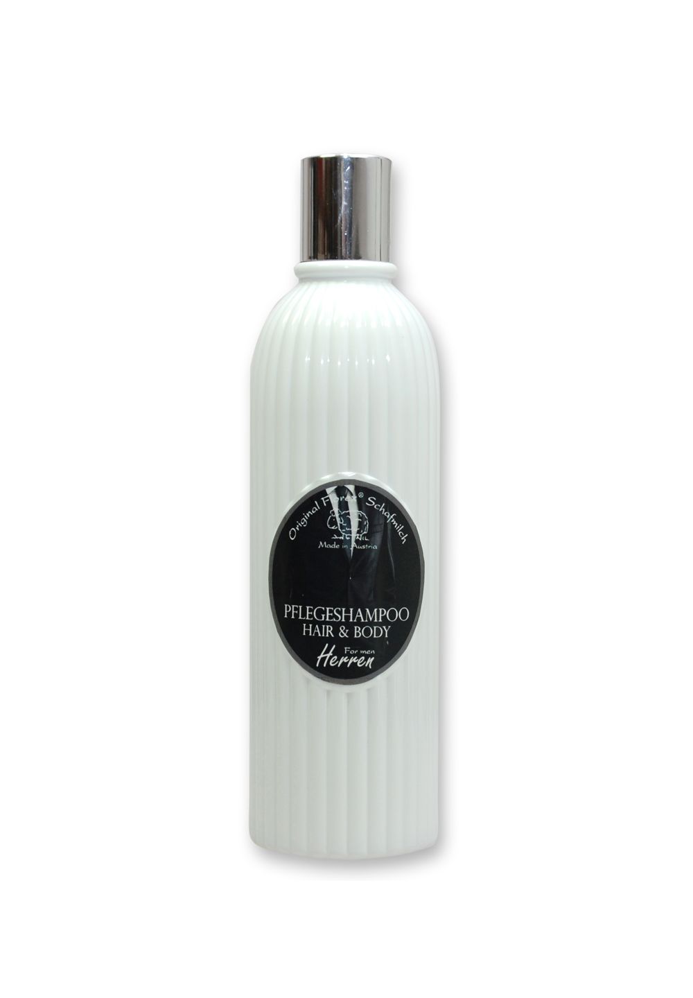 Weisse Flasche mit geriffelter Oberfläche und silbernem Verschluss. Schwarzes Etikett mit Produktbezeichnung und Logo.