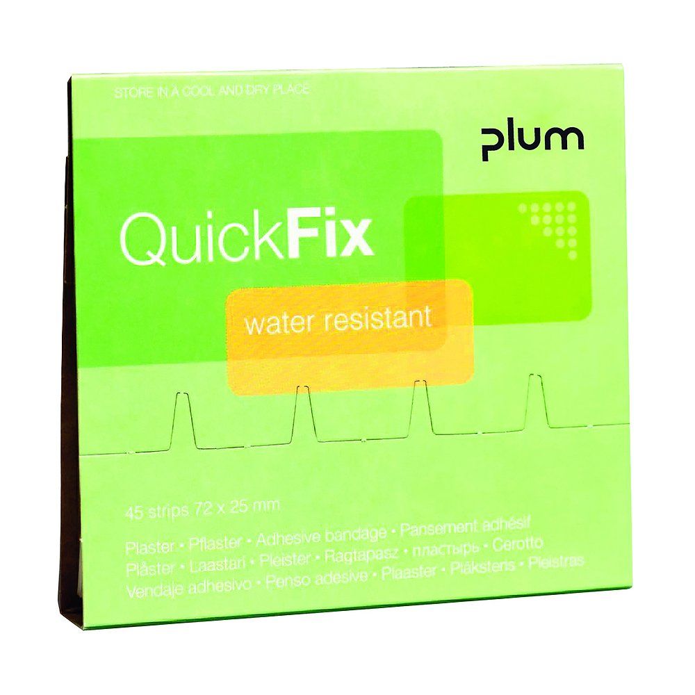 Grüne Verpackung mit "QuickFix" und "water resistant" Schriftzug. Marke "plum". Enthält 45 Pflaster, 72x25mm.