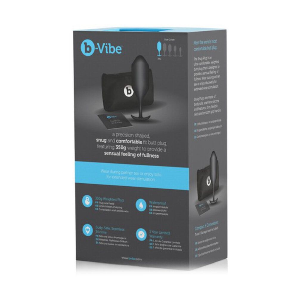 Produktverpackung. Schwarze Box mit Produktabbildung und Text: b-Vibe, Snug Plug 5. Text auf der Rückseite.