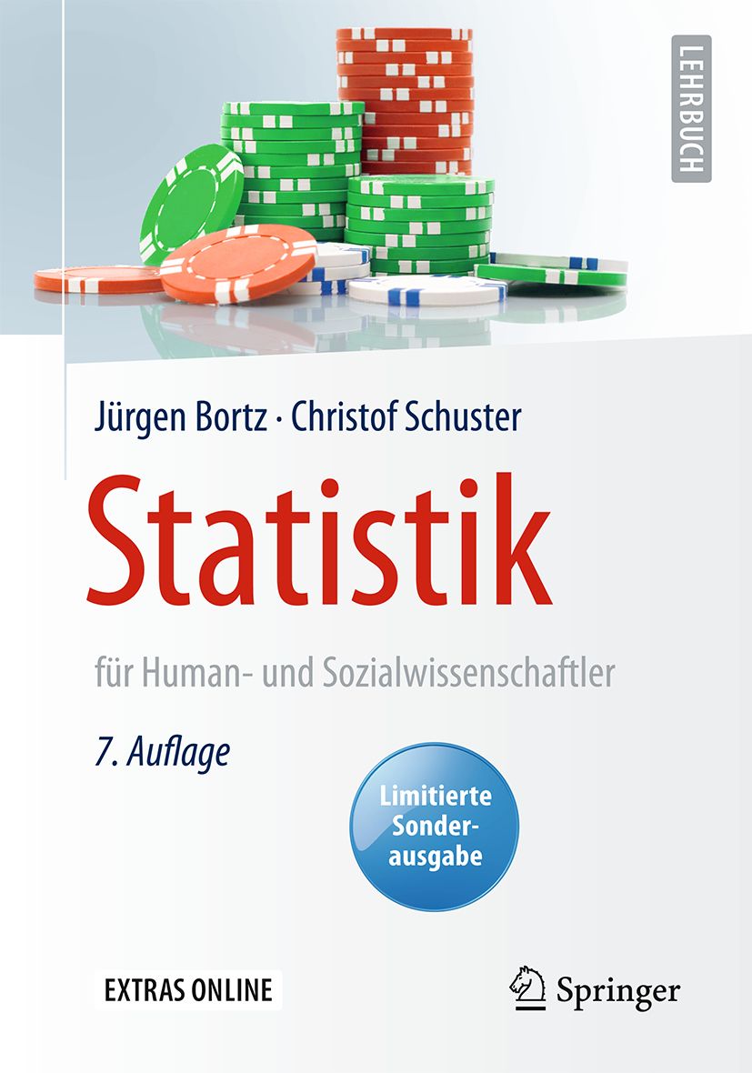 Buchcover mit dem Titel 'Statistik'. Autoren: Bortz, Schuster. Auflage 7. Stapel Spielchips. Verlag Springer. Sonderausgabe.