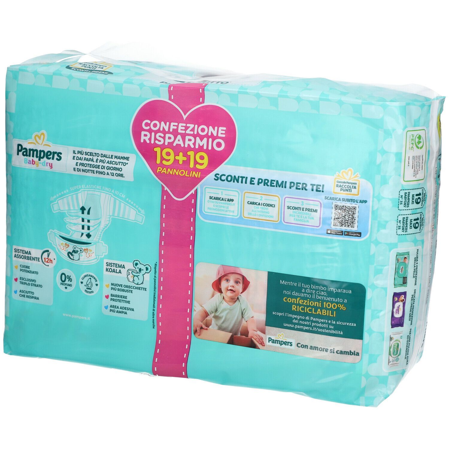 Confezione Pampers Baby Dryduo Max. Imballaggio turchese con cuore rosa. Testo: 19+19, Sconti e Premi, Baby Dry.