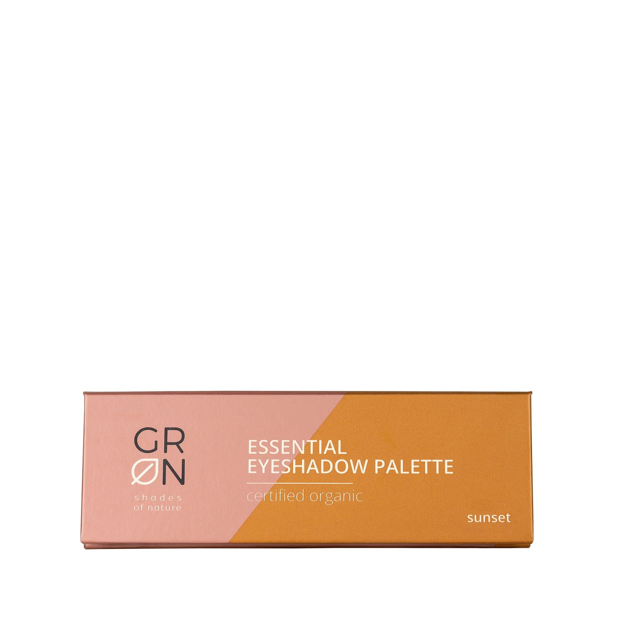 GRN [GRÜN] Essential Eyeshadow Palette sunset. Rechteckige Verpackung mit Produktinformationen und Logo.