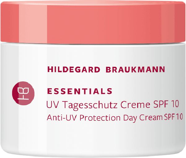 Hildegard Braukmann Essentials UV Tagesschutz Creme SPF 10. Creme-Tiegel mit rosa Deckel. Produktname und Logo.